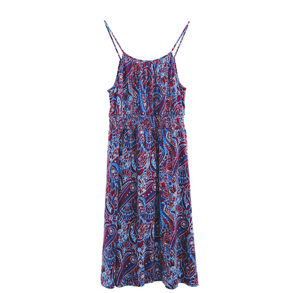 Knit Maxi Dress Women L Red Blue Paisley Smocked Waist Boho Summer Strappy